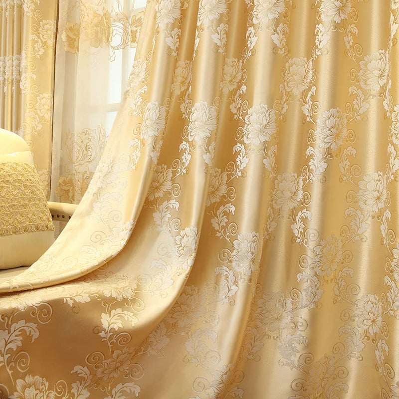 ELKCA Luxury Gold Floral Curtains for Bedroom Jacquard Window Curtains for Living Room,Grommet Top,2 Panels(Floral-Golden,52 by 84 inch Long) - Image 3